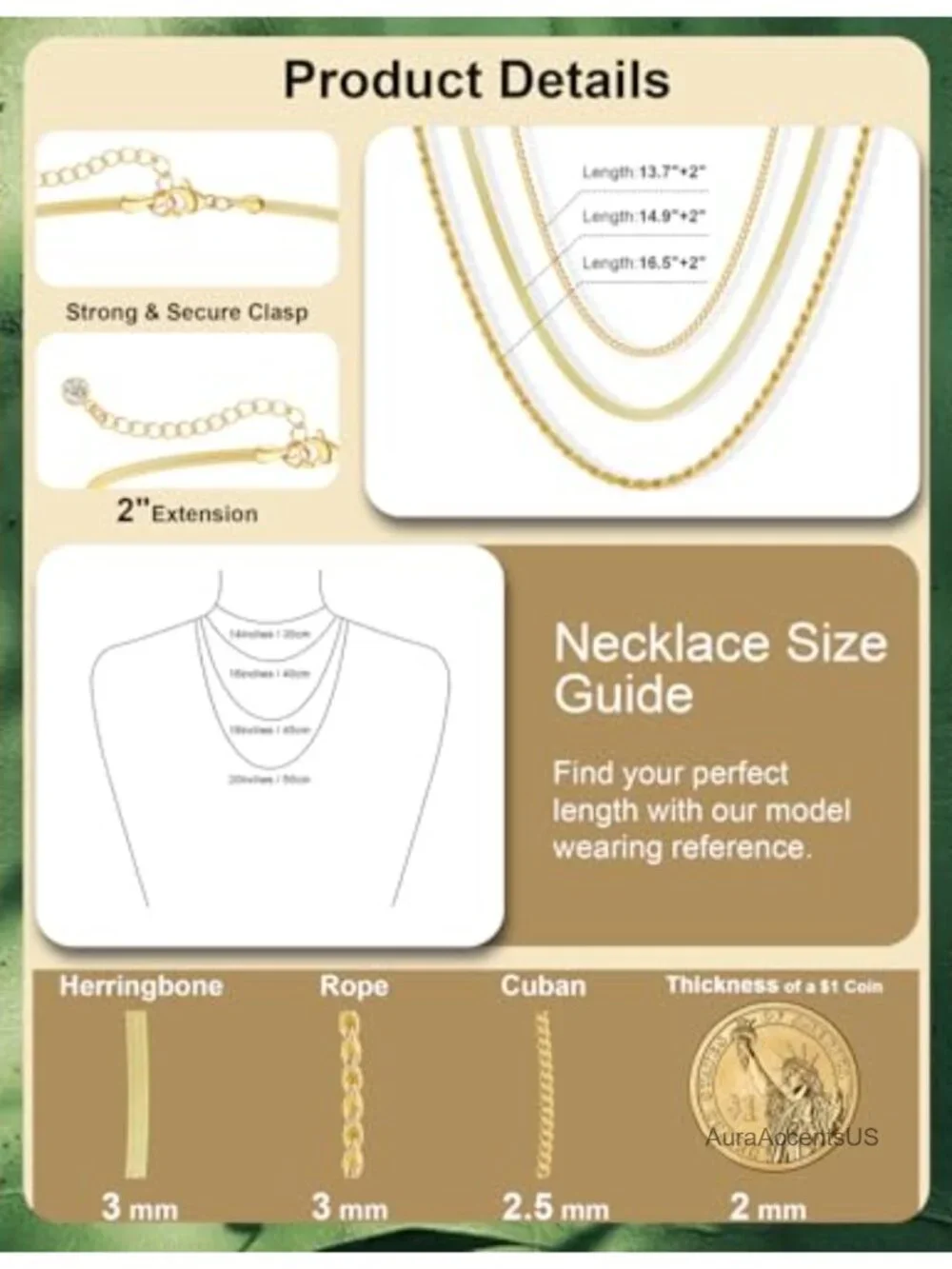 14K Gold Plated Necklace Set 3 Chains Rope Cuban Herringbone Layering Gift
